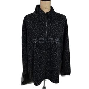 Bebe Womens 2X Leopard Print Polar Fleece 1/4 Zip Pullover Jacket Black‎ Gray